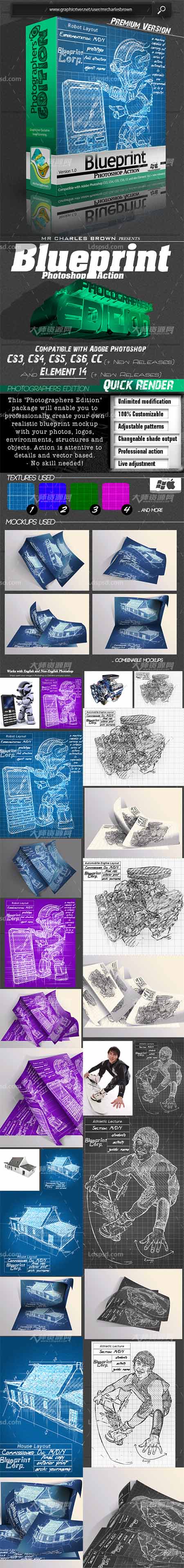 Blueprint Photoshop Action – Photographers Edition,极品PS动作－手绘蓝图(含高清视频教程)